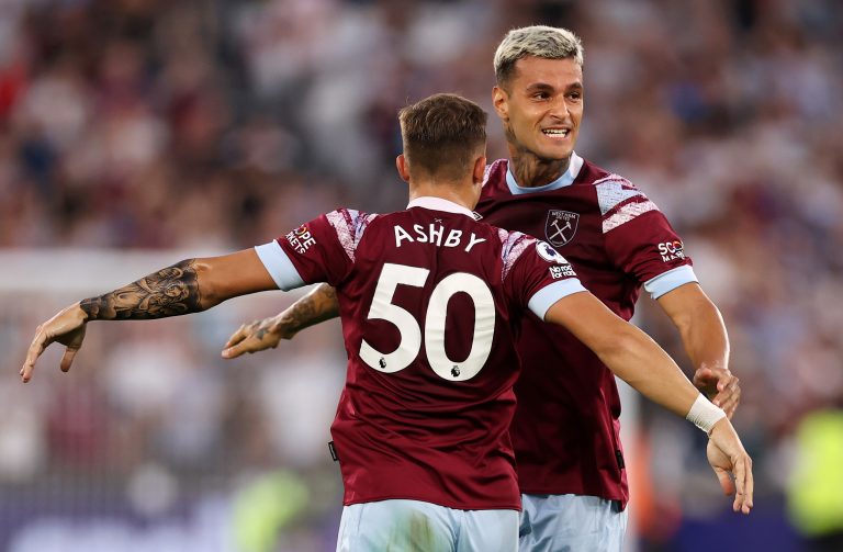 West Ham's Harrison Ashby celebrates with Gianluca Scamacca