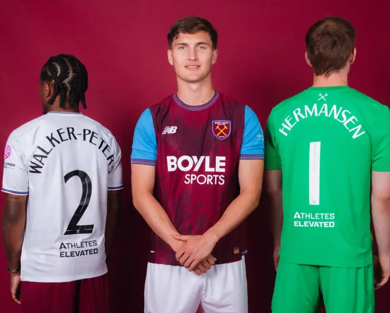West Ham shirt featuring the new Athletes Elevated partnership branding