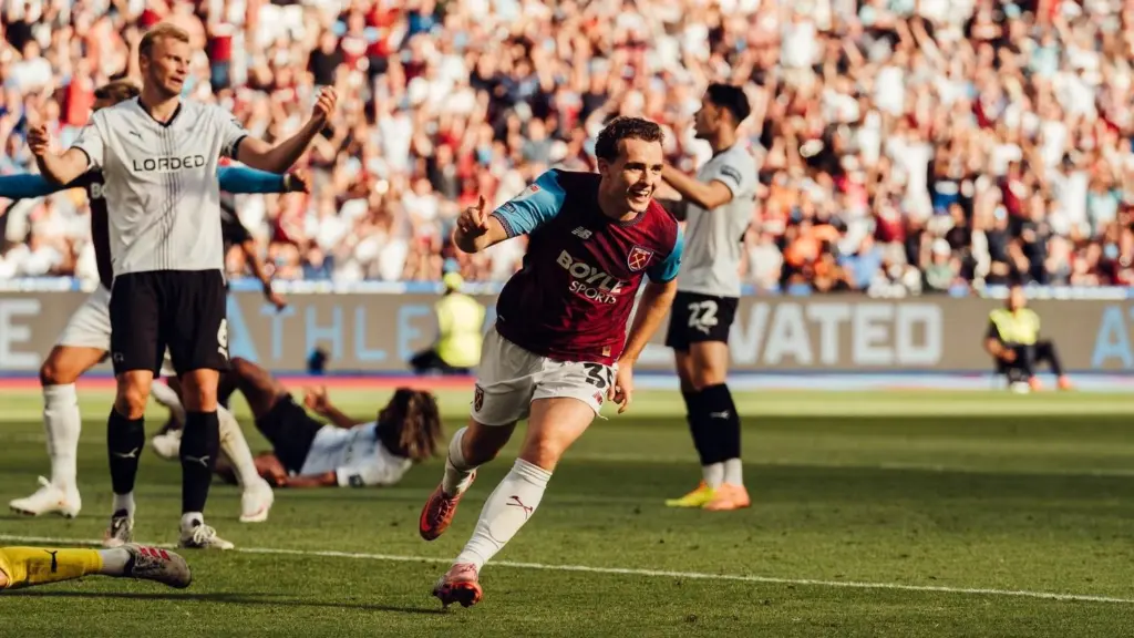 Edvin Austbø celebrates scoring his first West Ham goal against Derby County