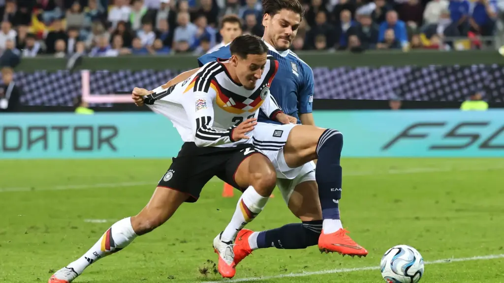 Konstantinos Mavropanos playing for Greece against Germany